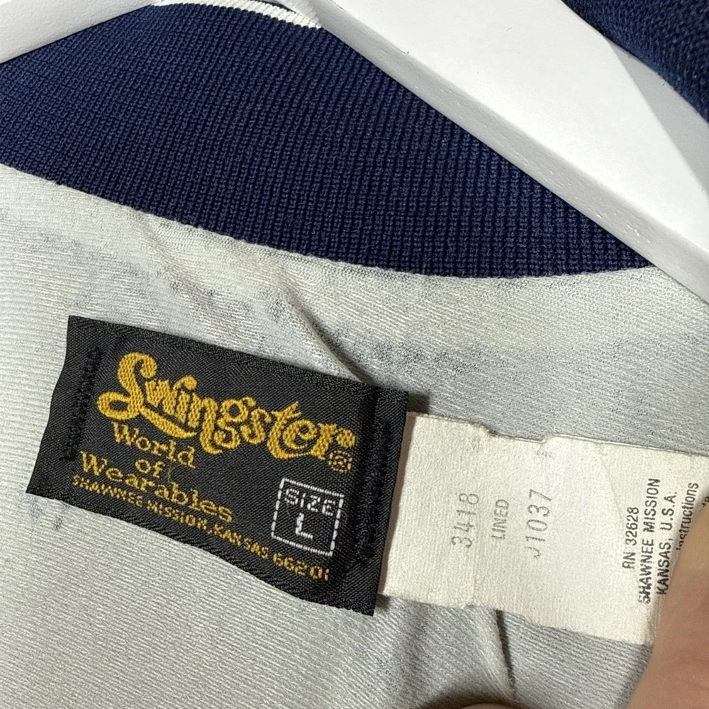 Vintage Swingster Satin Jacket Men Large Blue Baseball Collared USA 70s 80s